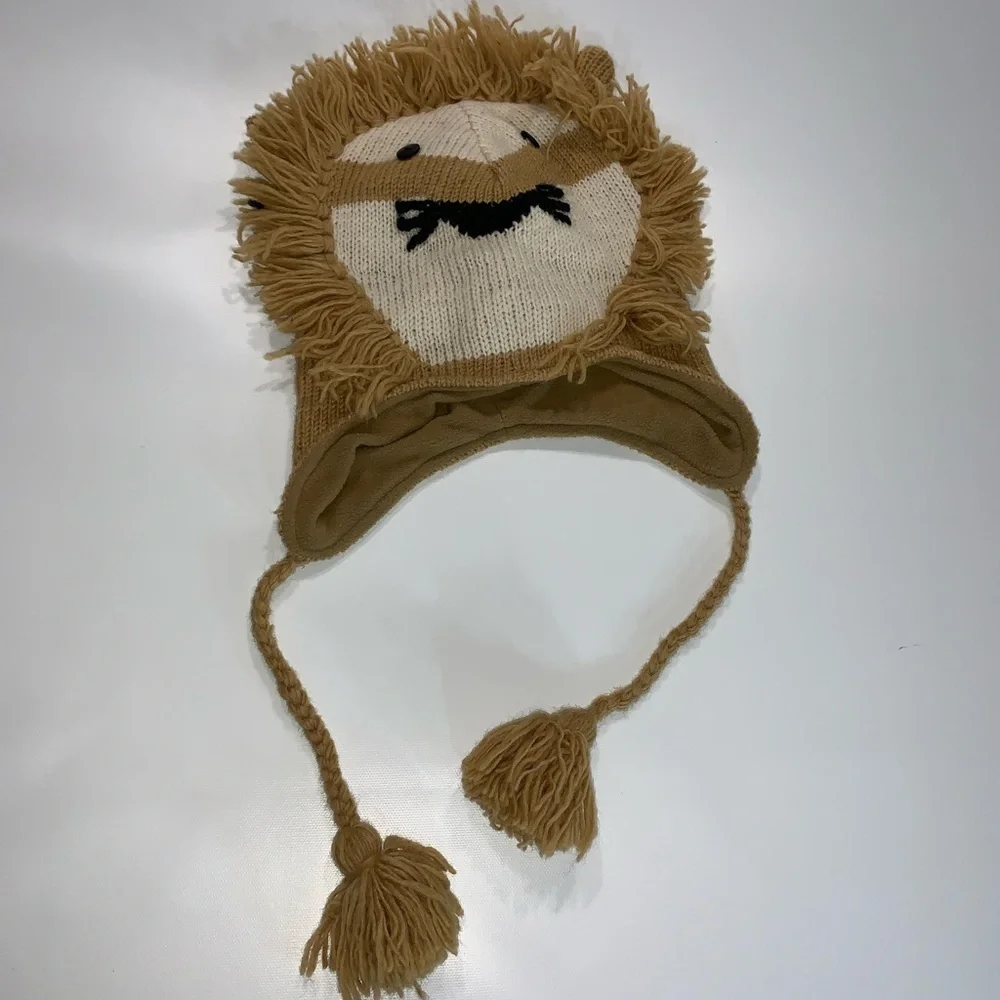 Lion Beanie Peace 100% Wool Large Warm Cozy Zoo Animal Theme Brown Khaky